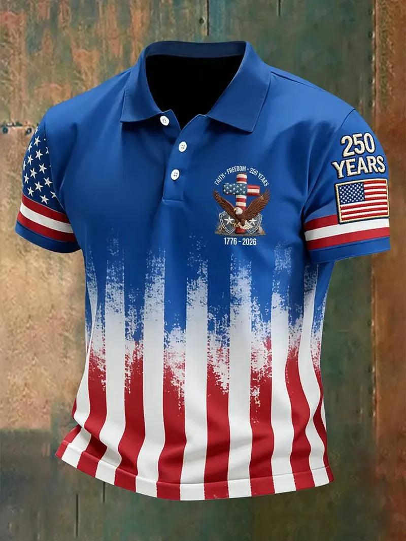 Breathable men's polo shirt – flag-printed USA 250th anniversary design, Fourth of July casual wear