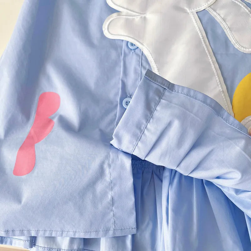 Vestito morbido per ragazze – classico con applicazione coniglio, colletto risvoltato, maniche a sbuffo, cotone, uso quotidiano casual