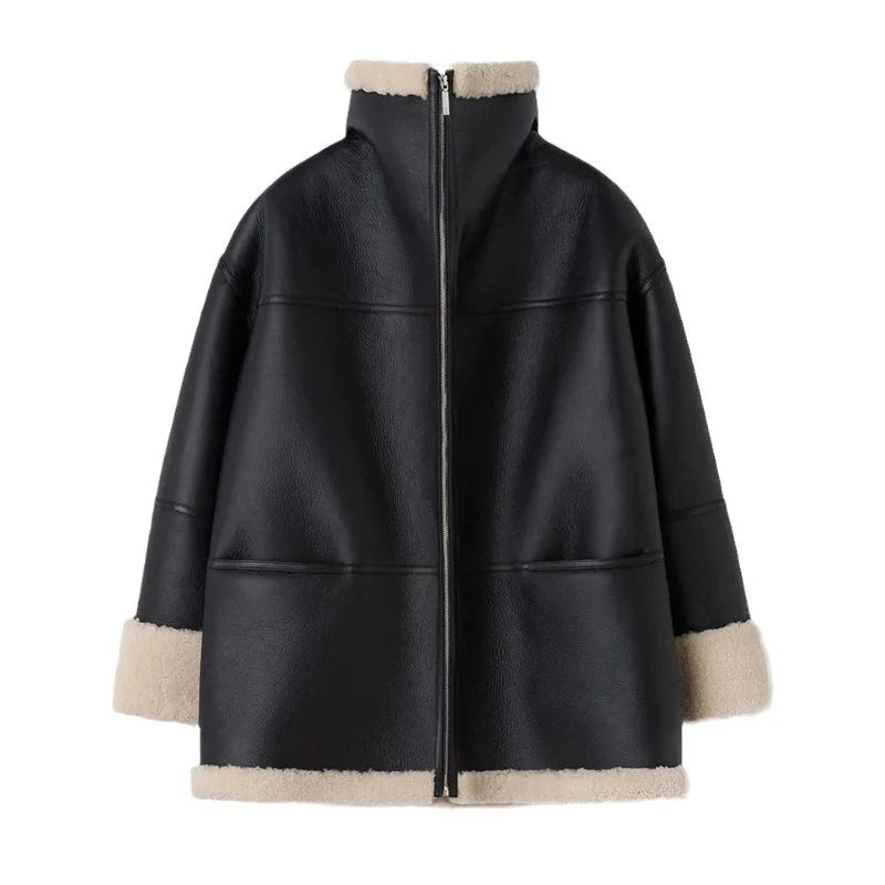 Warm Oversized Women's Jacket - Shearling Faux Leather