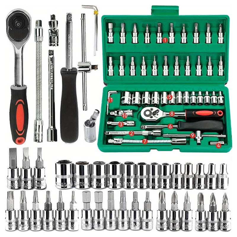 Home Tools Drive Socket Set - 1/4 Inch Ratchet Wrench & Metric Hex Bit Kit for Mechanics