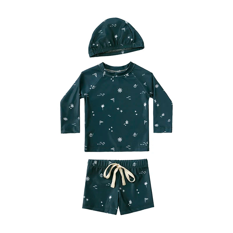 Breathable Kids Rash Guard Swim Set – Long-Sleeve Top, Swim Pants, Hat, Polyester Elastane, Beach Vacation