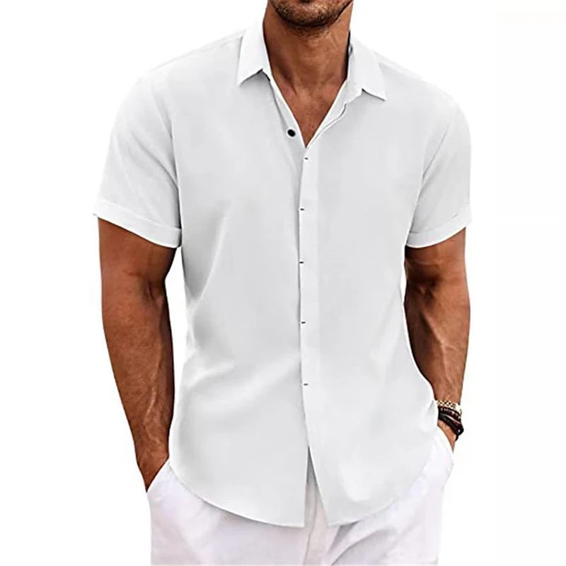Fashionable Polo Collar Solid Color Shirt - Short Sleeve V-Neck Casual Cotton Linen Top