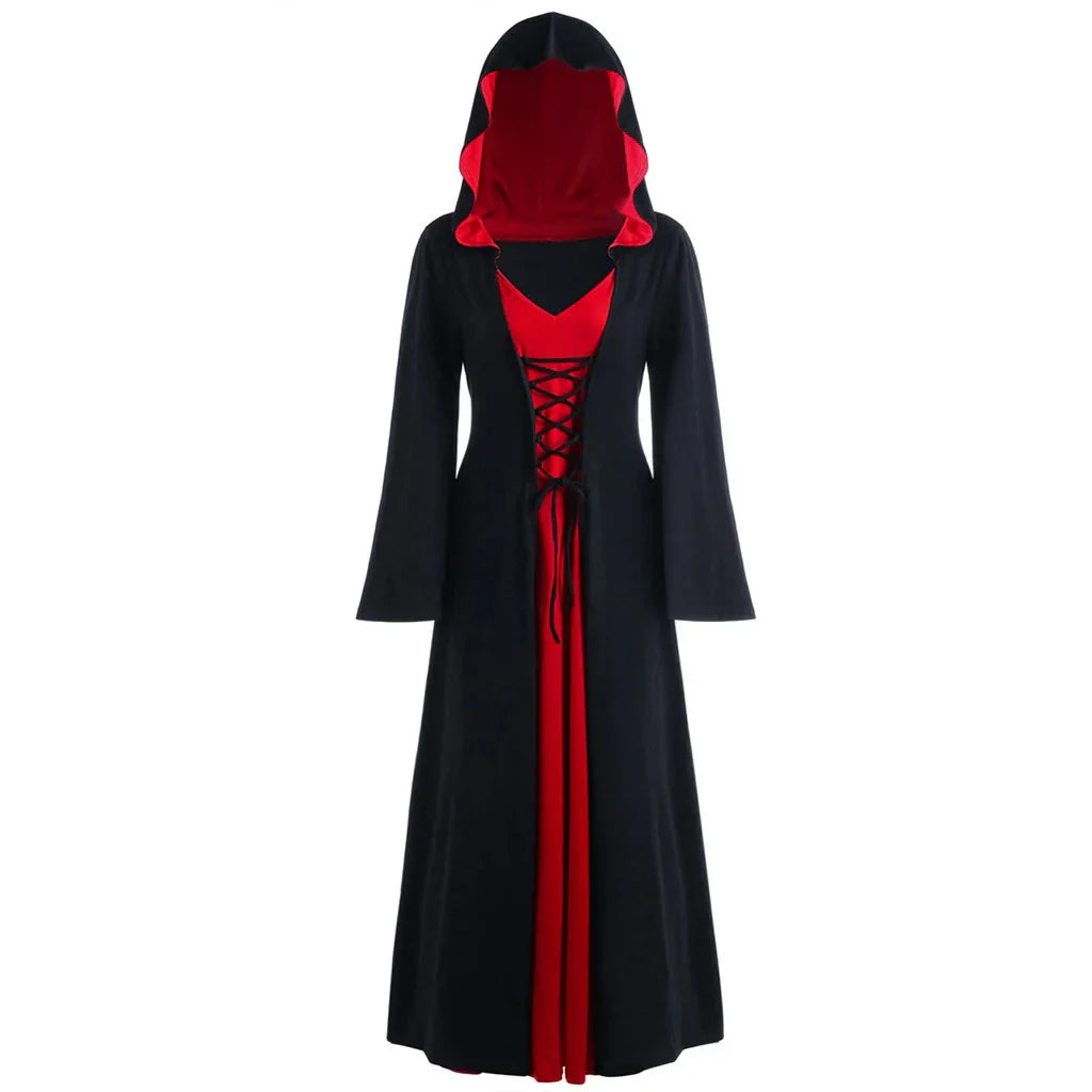 Bata medieval con capucha y cordones para mujer, disfraz de bruja vampiro, disfraz de Halloween perfecto para eventos temáticos