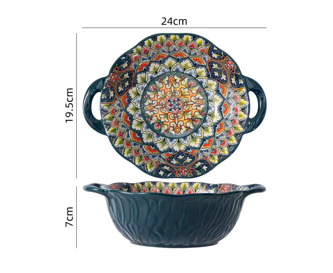 Keramisk soppskål bohemisk handtag präglad mikrovågsugn