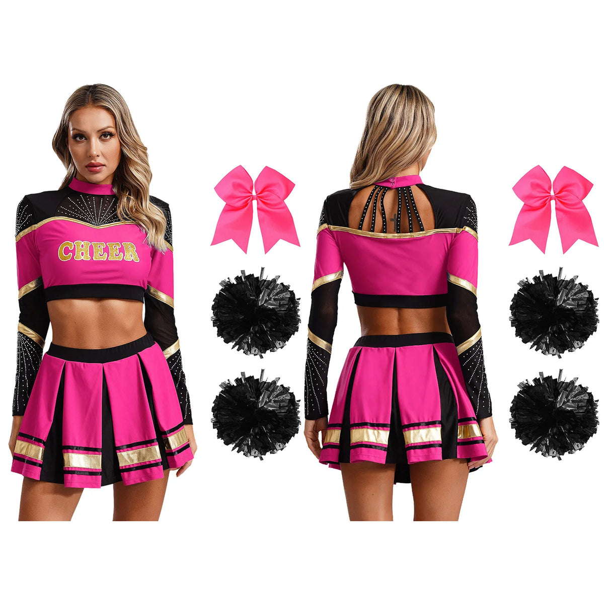 Cosplaykostuum voor cheerleaderoptredens voor vrouwen, crop-top met lange mouwen en geplooide rok met pompons 2026