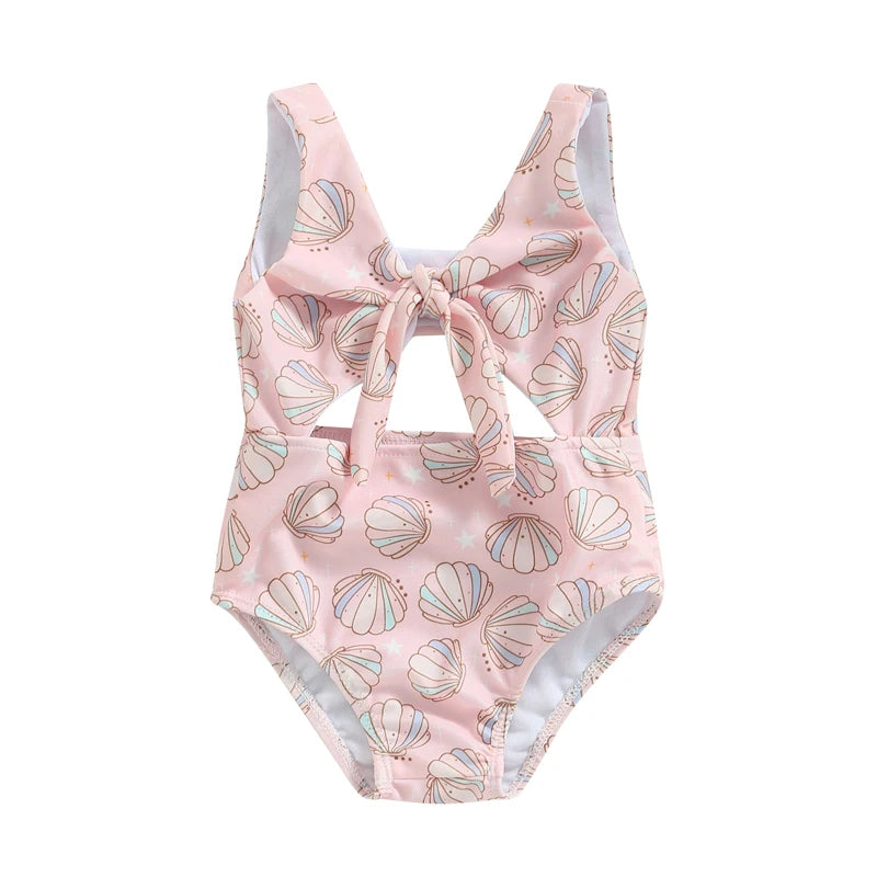 Soft Toddler Girls' One-Piece Swimsuit - Floral Print Bow-Tie Detail, Polyester, For Summer