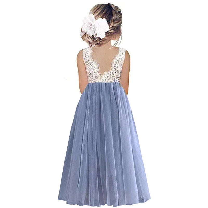 Let pigekjole til blomsterpige - blondeoverdel, flydende tylskørt, polyester, til bryllup