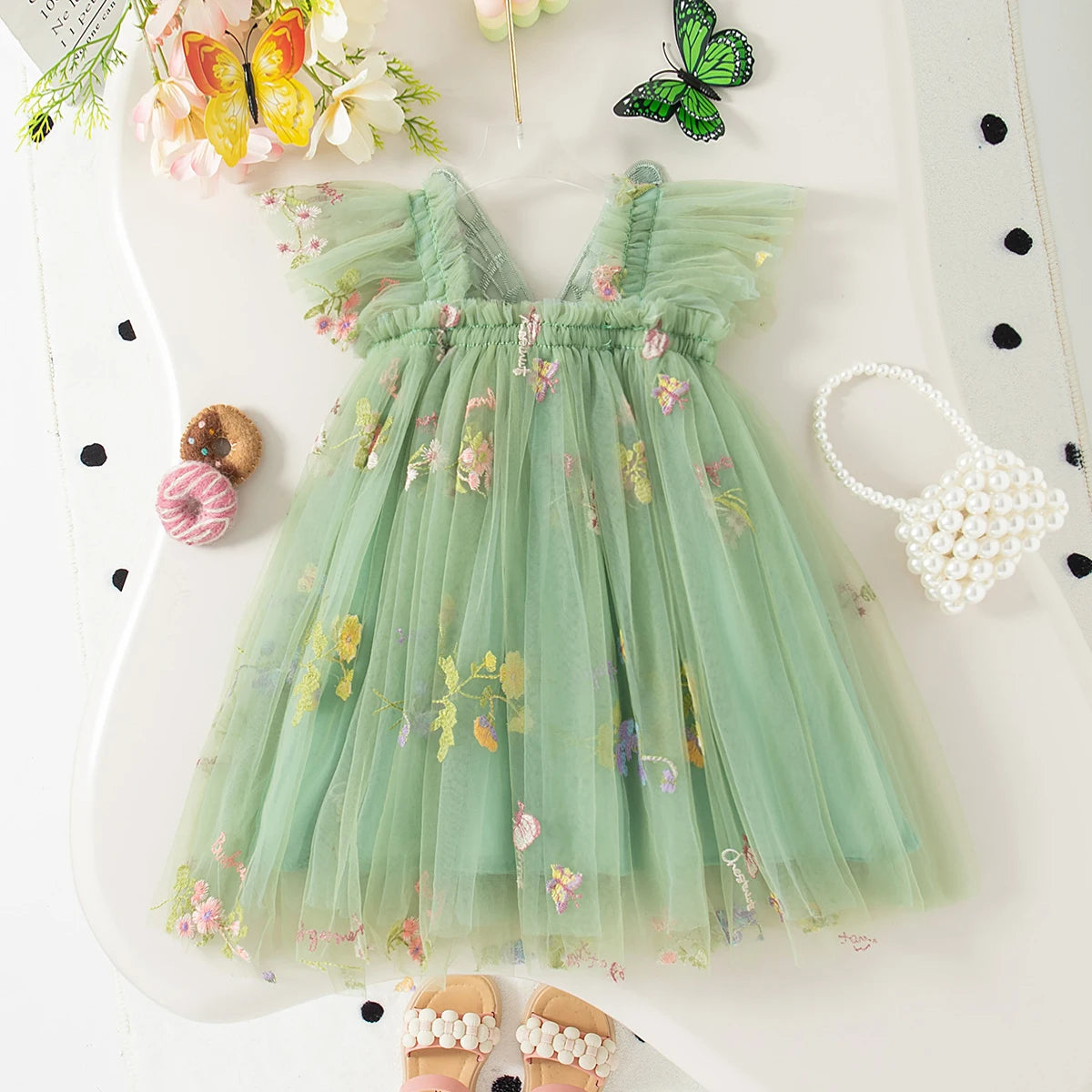 Lightweight flowy girls' dress - knee-length tulle, floral print, polyester, for weddings
