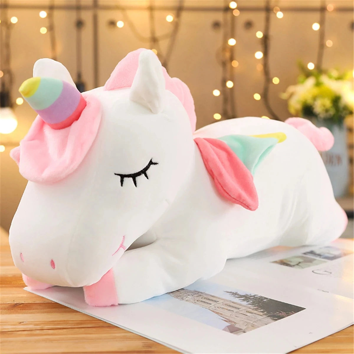 Juguete de peluche unicornio acostado de 25CM - Caballo blanco y rosa suave y lindo para regalo de cumpleaños de niñas