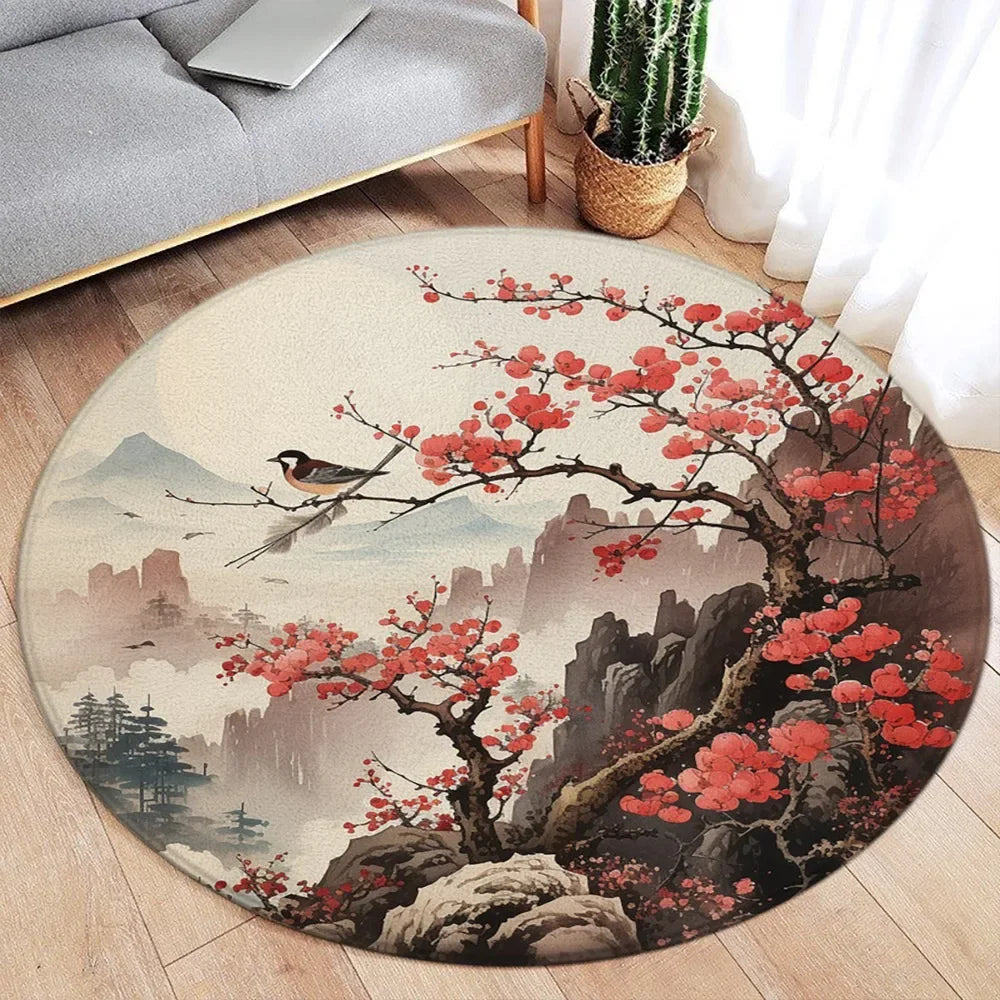 Koi Fish Round Rug Japanese Water Ink Floor Decor Serene