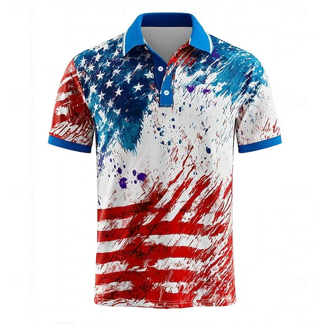 Lightweight men's polo shirt - graphic flag print, cotton, casual summer wear for outdoor events