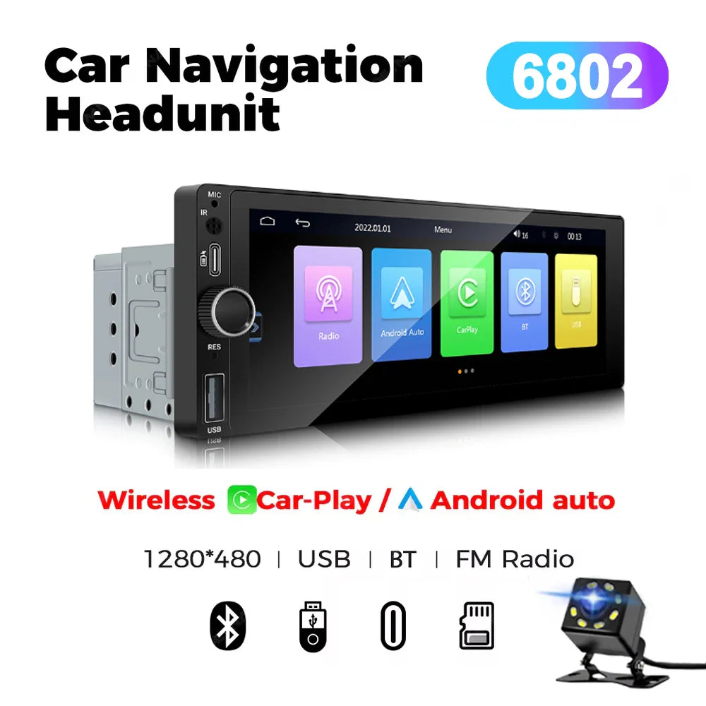 Bilstereo 6.86 tommer touchscreen universel MP5 hovedenhed efterår 2025 trådløs CarPlay Android Auto