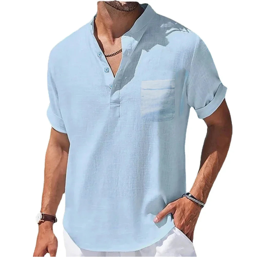 Variant image for Men's Summer Shirt, Breathable Cotton and Linen Blend with Henry Collar, Lightweight and Casual Fit-37