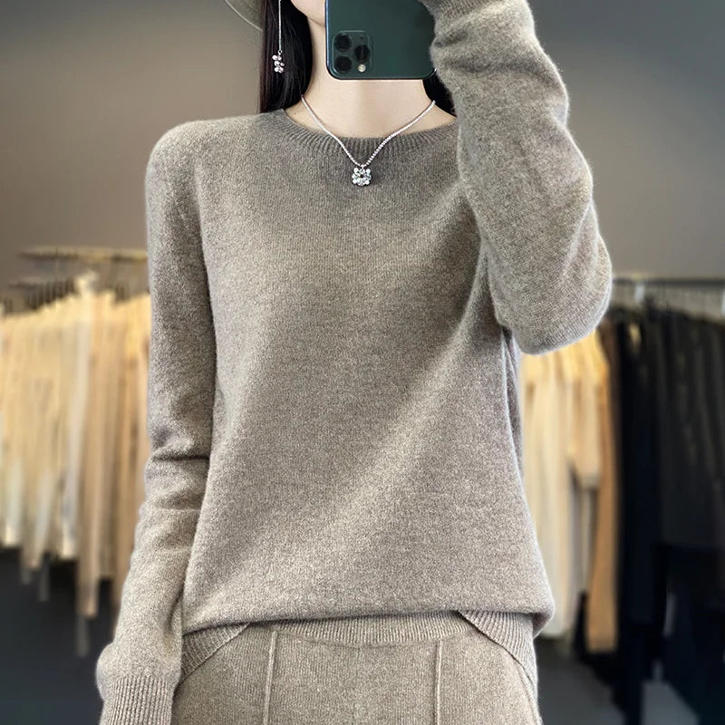 Pure Merino Wool Knitted Sweater - Autumn Winter O-Neck Pullover Jumper Tops