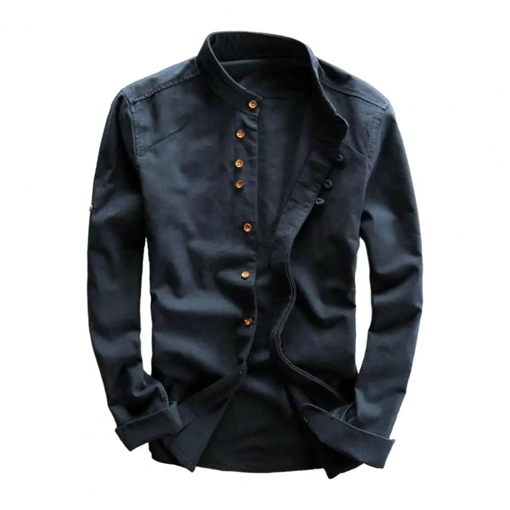 Herrenhemd mit Stehkragen und langen Ärmeln, tailliertes Button-down-Hemd aus Baumwoll-Leinen-Mischgewebe, einfarbiges Vintage-Freizeithemd, S bis 3XL