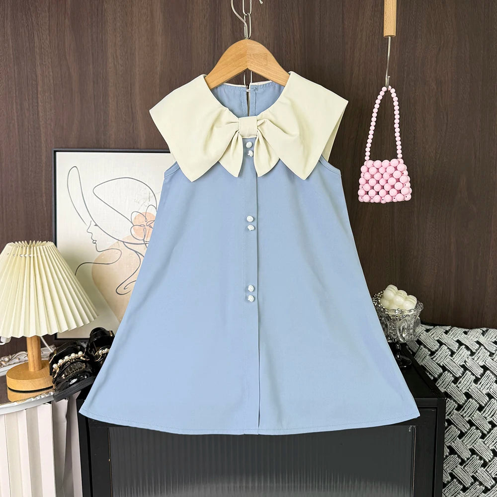 Soft and flattering girls' knee-length dress - sleeveless, bow-collar, polyester, birthday party
