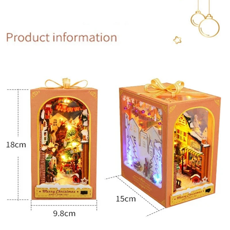 Insertar Casa de Muñecas de Cabaña Navideña Miniatura DIY Rincón de Libros Regalo Creativo Puzzle