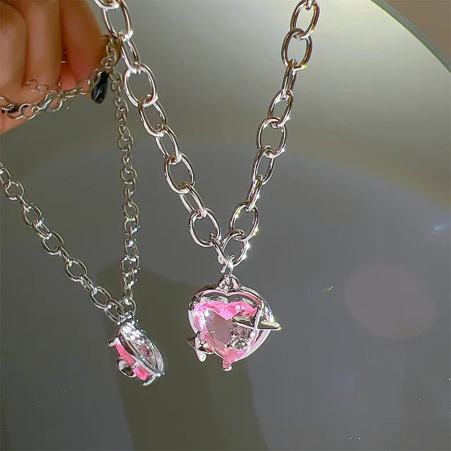 Zircon Pendant Necklace Pink Planet Heart Valentines Day Gift 2026 Aesthetic Jewelry