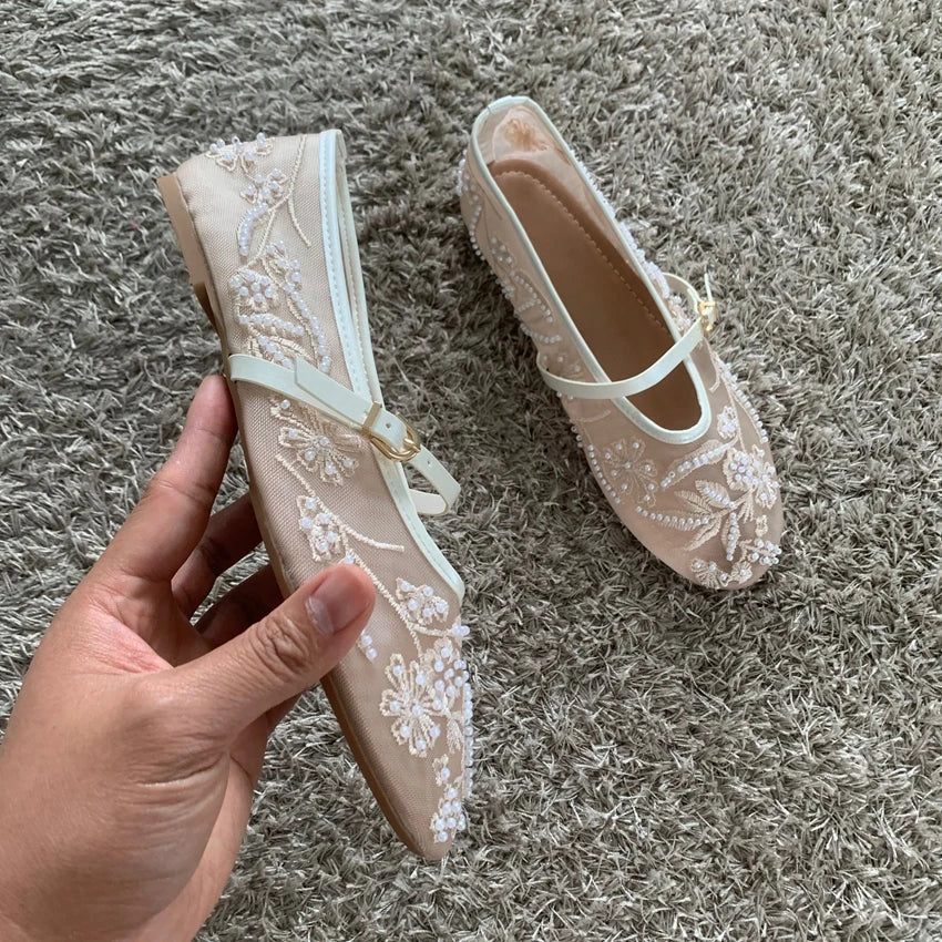 Breathable Women Ballet Flats - Mary Jane Mesh, Embroidered