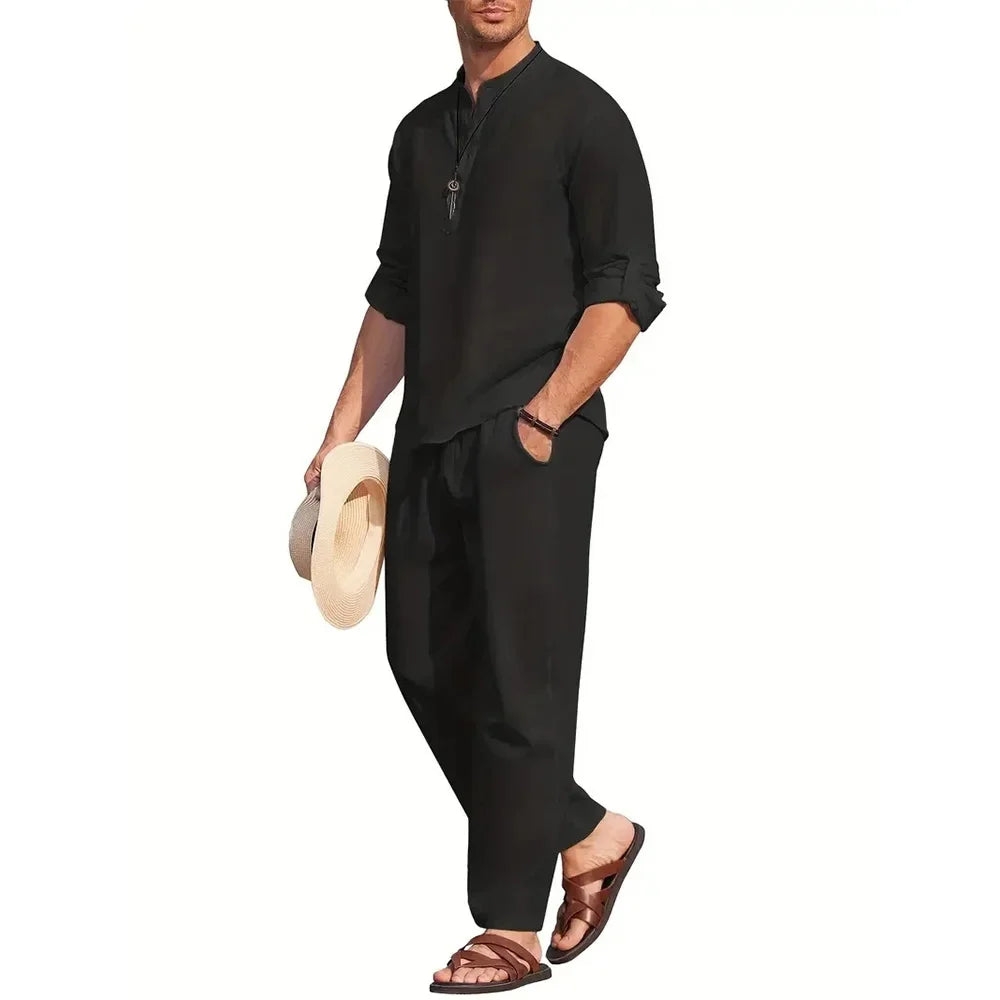 Men's Cotton Linen Shirt Two-Piece Set Casual Henley Long Sleeve Vacation Beach Wear