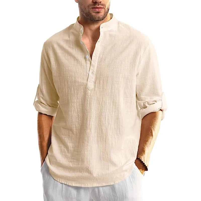 Men's Linen Button Down Shirt Long Sleeve Casual Beach Summer Shirt Banded Collar