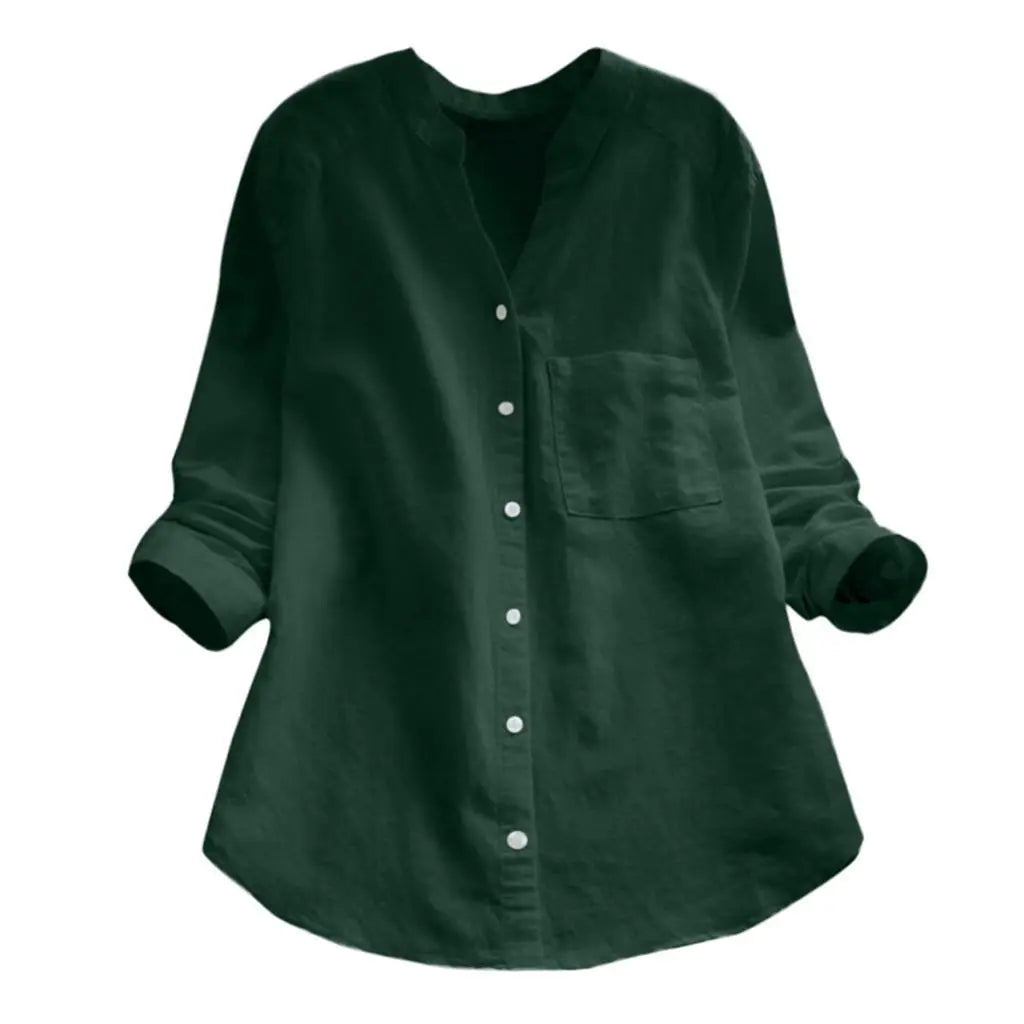 Women's Casual Retro Cotton Linen V-neck Cardigan Tops - Solid Color Autumn Shirts