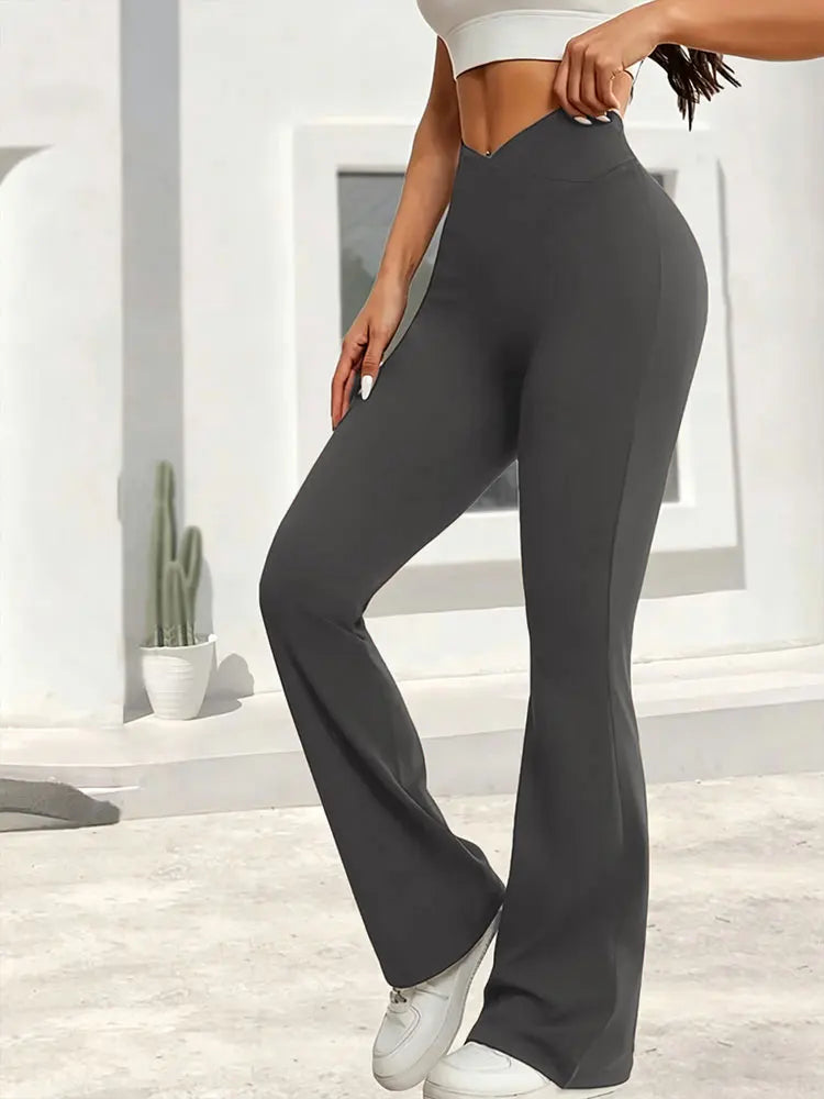 Relaxed women's high-waist wide-leg leggings – flared hem cross-waist design, casual sports trousers