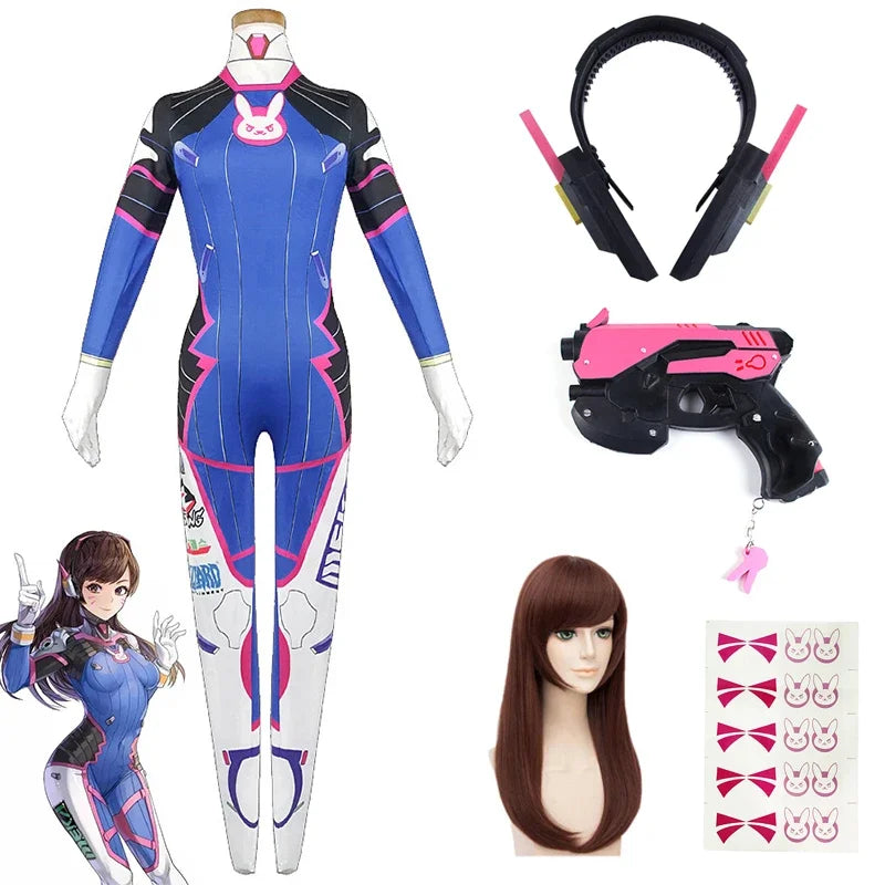 Overwatch DVa Meka Pilot Zentai Jumpsuit Cosplay Costume Set with Wig Headphones and Gun Props 2026