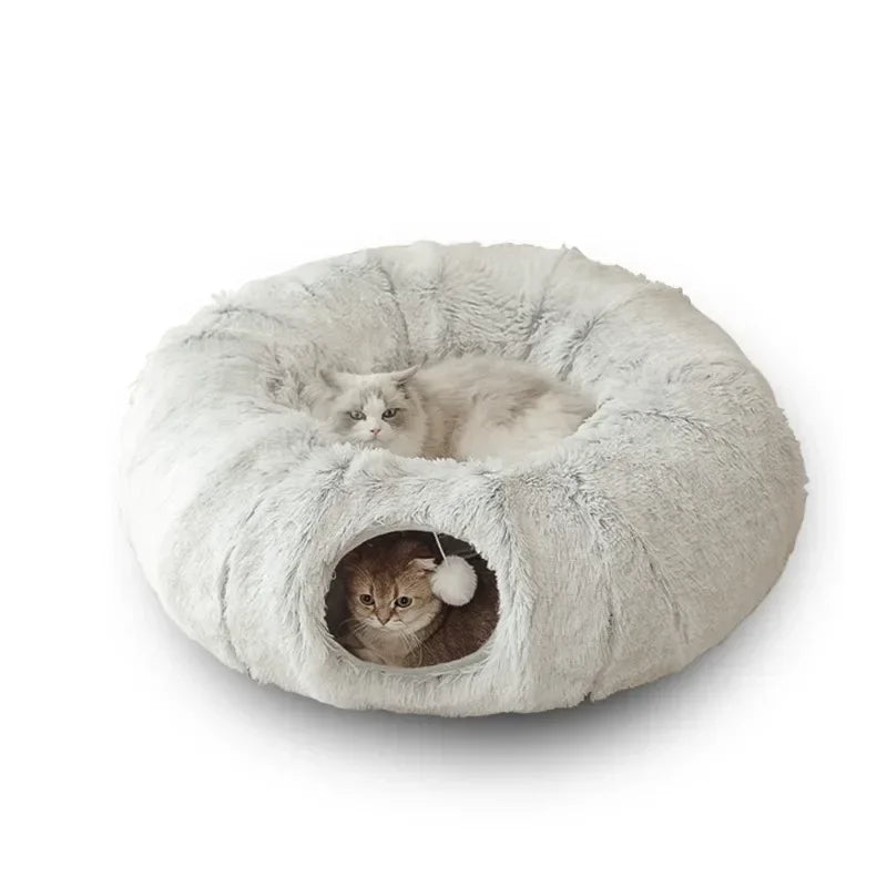 Plush Cat Bed with Tunnel - Fluffy Donut Cat Bed for Indoor Cats, Cozy Multifunctional Tunnel with Peephole