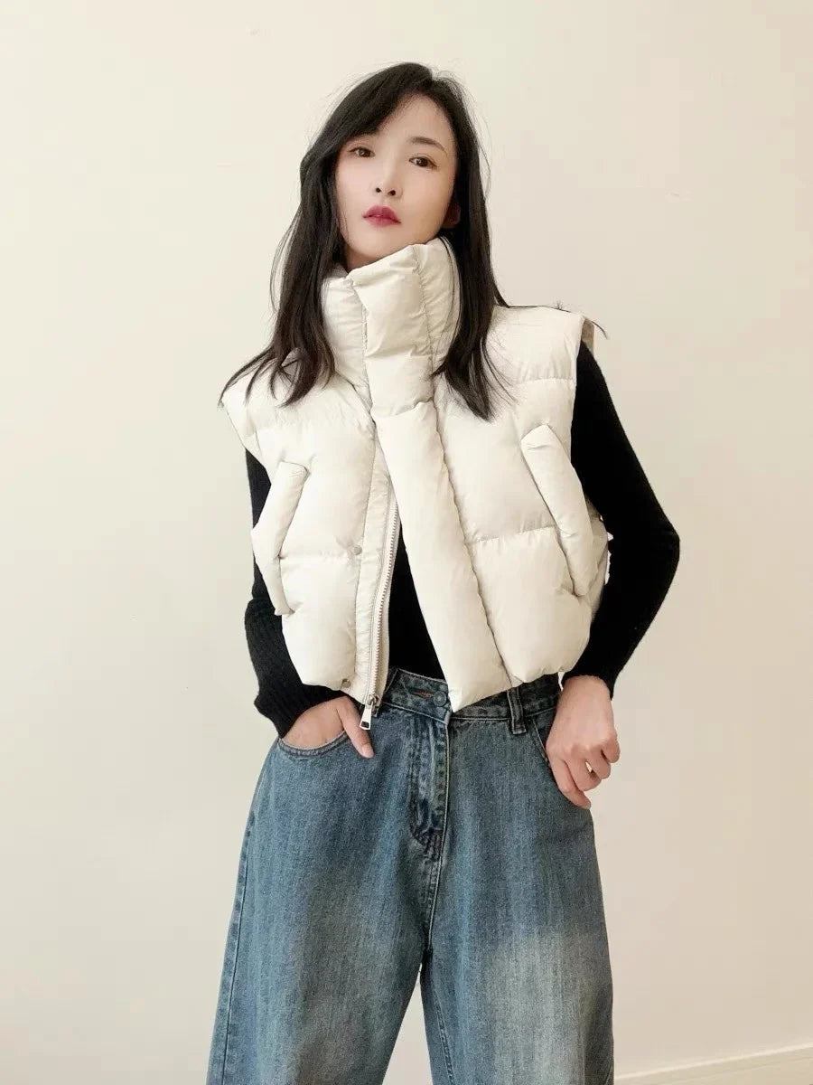 Warm Women Short Down Vest - Stand-Up Collar, Winter