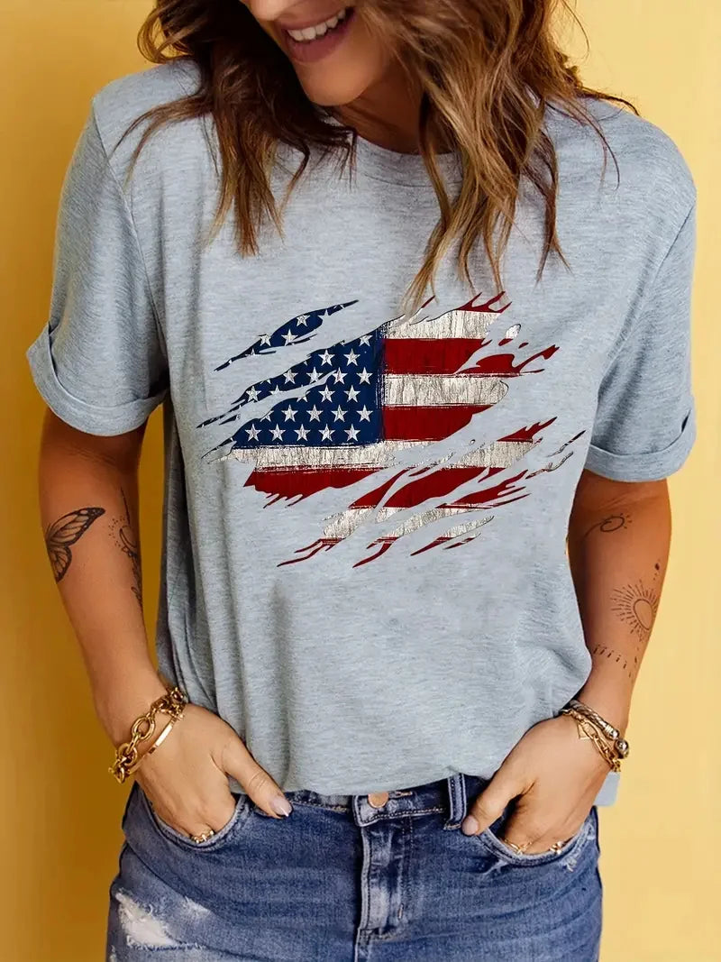 Soft Women's T-Shirt - graphic flag print short sleeve crew neck, casual summer top