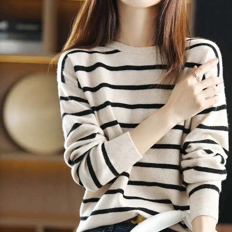 Lightweight Classic Womens Knit Sweater - Crewneck, Striped