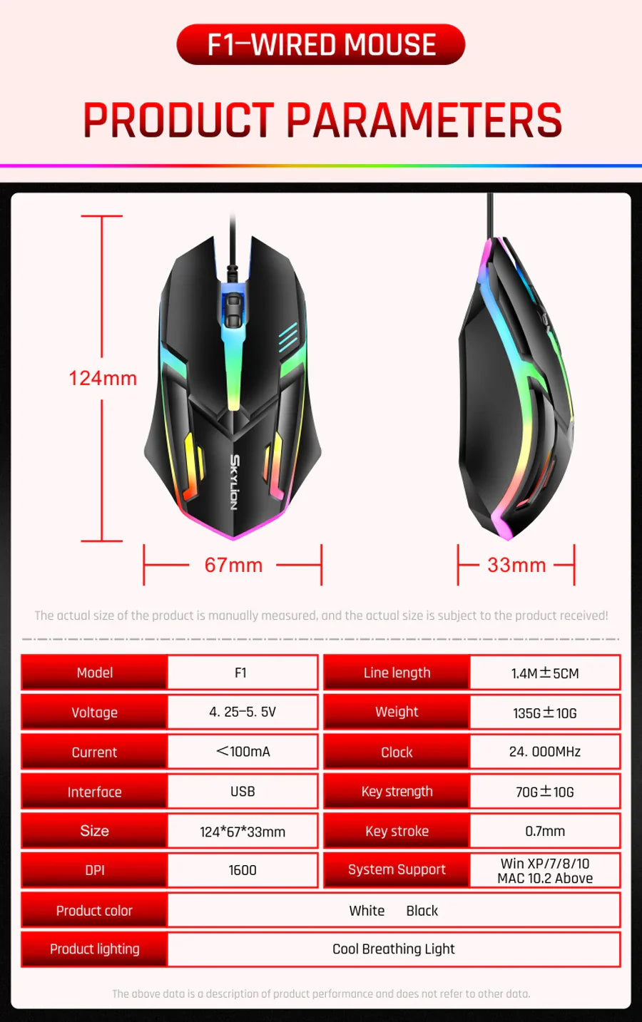 Mouse da gioco cablato RGB 3 pulsanti USB precisione ufficio