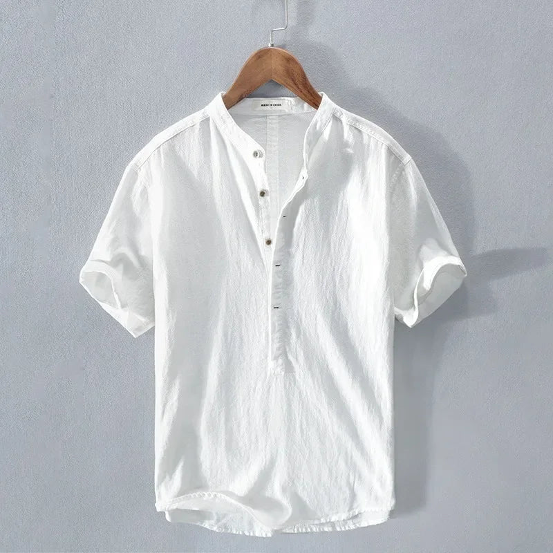 Breathable Cotton Linen Shirt High End Loose Fit, Short Sleeves Half-Open Collar