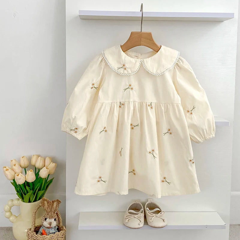 Soft, classic girls' dress - Peter Pan collar, cotton, floral embroidery, mid-calf length for spring