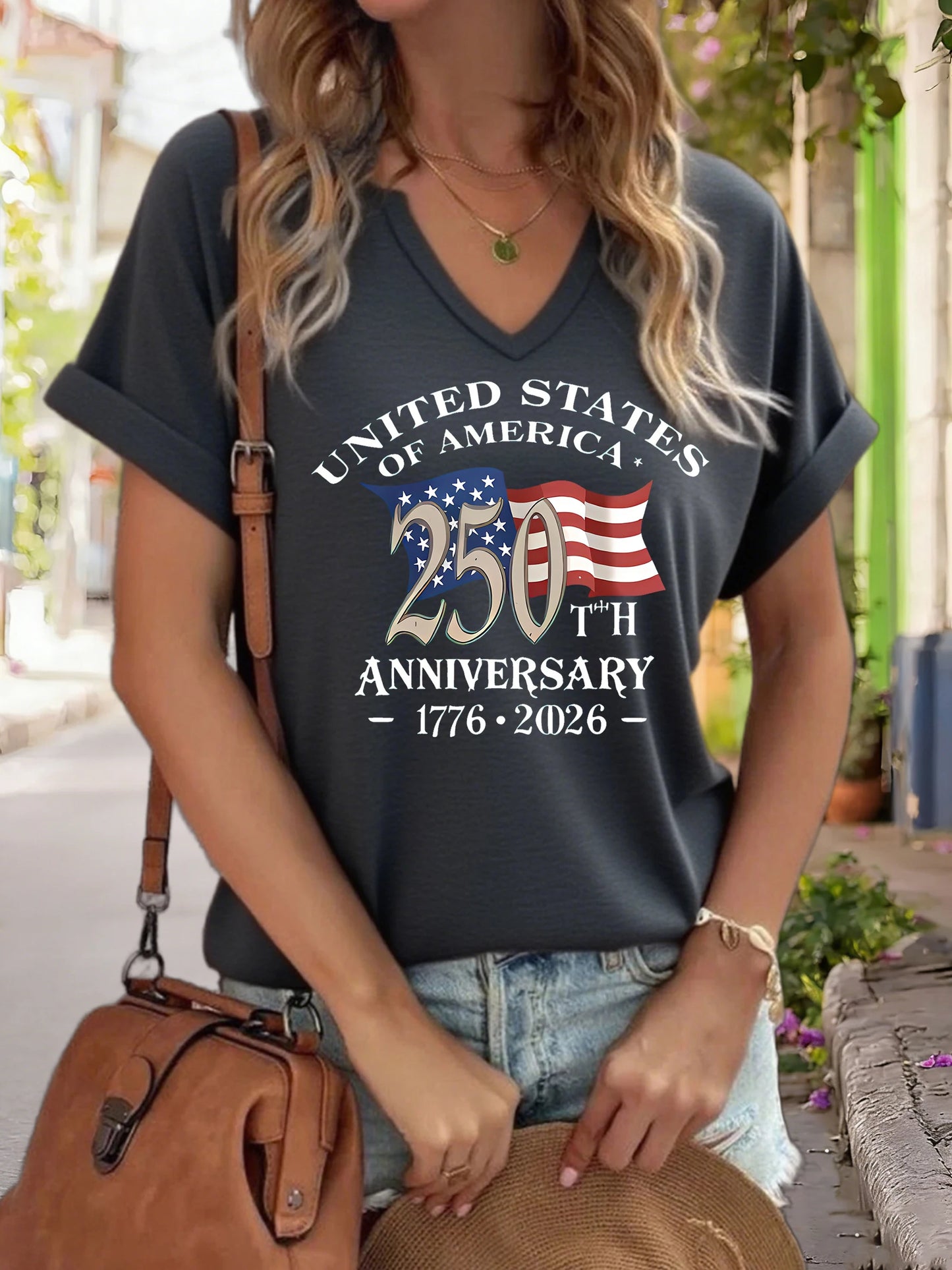 Soft women's graphic tee - V-neck, polyester-elastane blend, for USA 250th anniversary
