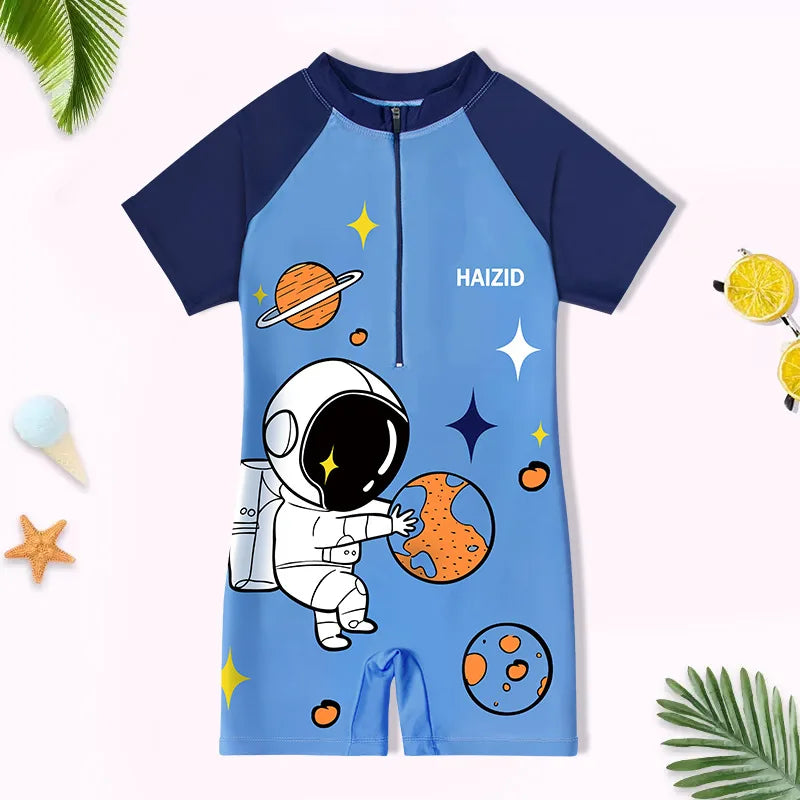 Quick-dry durable kids' one-piece swimsuit - cartoon print, polyester, for swimming