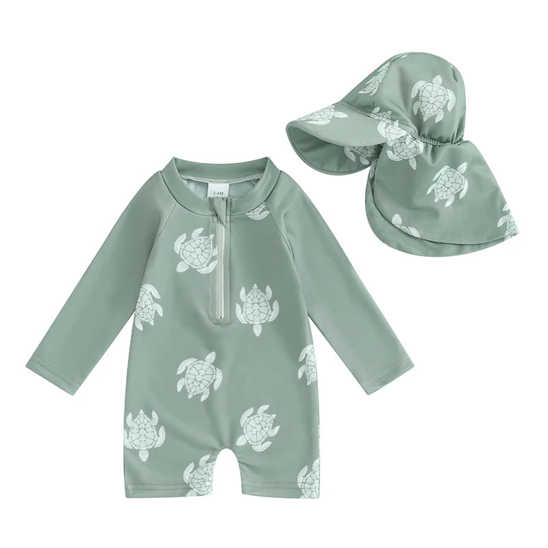 Lightweight Toddler Boys Rash Guard Swimsuit - Long Sleeve, Turtle Print, Polyester, Beachwear