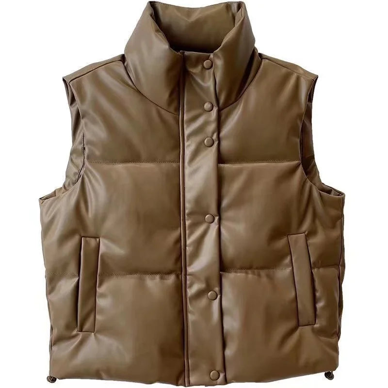 Warm Women’s PU Leather Vest - Padded Short, For Winter