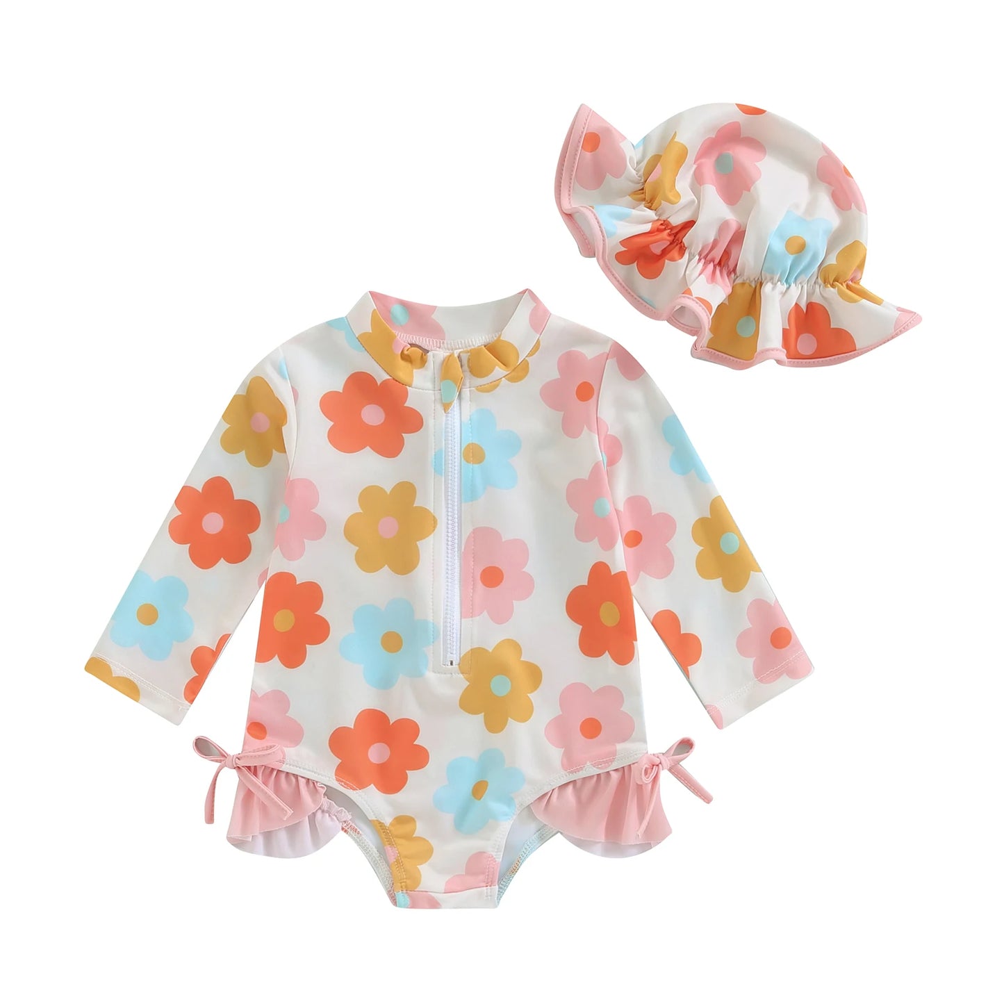 Soft Toddler Girls' Swimsuit - Long Sleeve, Zip Front, Flattering Flower Print, Polyester, Beach & Pool Swimwear