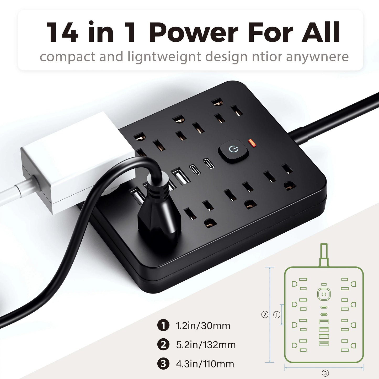 14-in-1 Power Outlet Surge Protector, 8 AC & 4 USB, Extension Cord for Desktop Charging