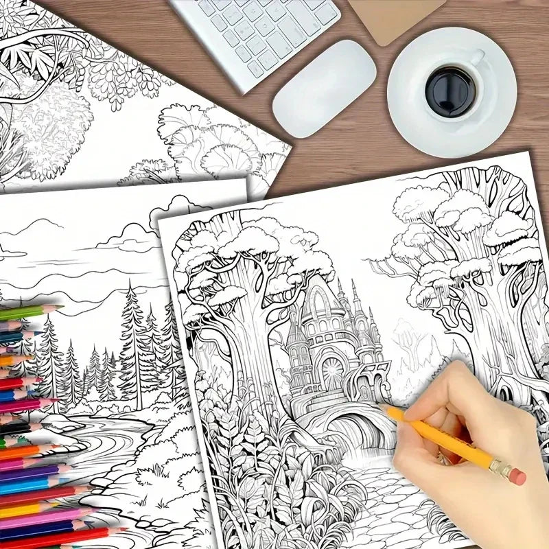 Coloring Book 22 Page Psychedelic Forest Stress Relief Activity Gift Fall 2025 Trend
