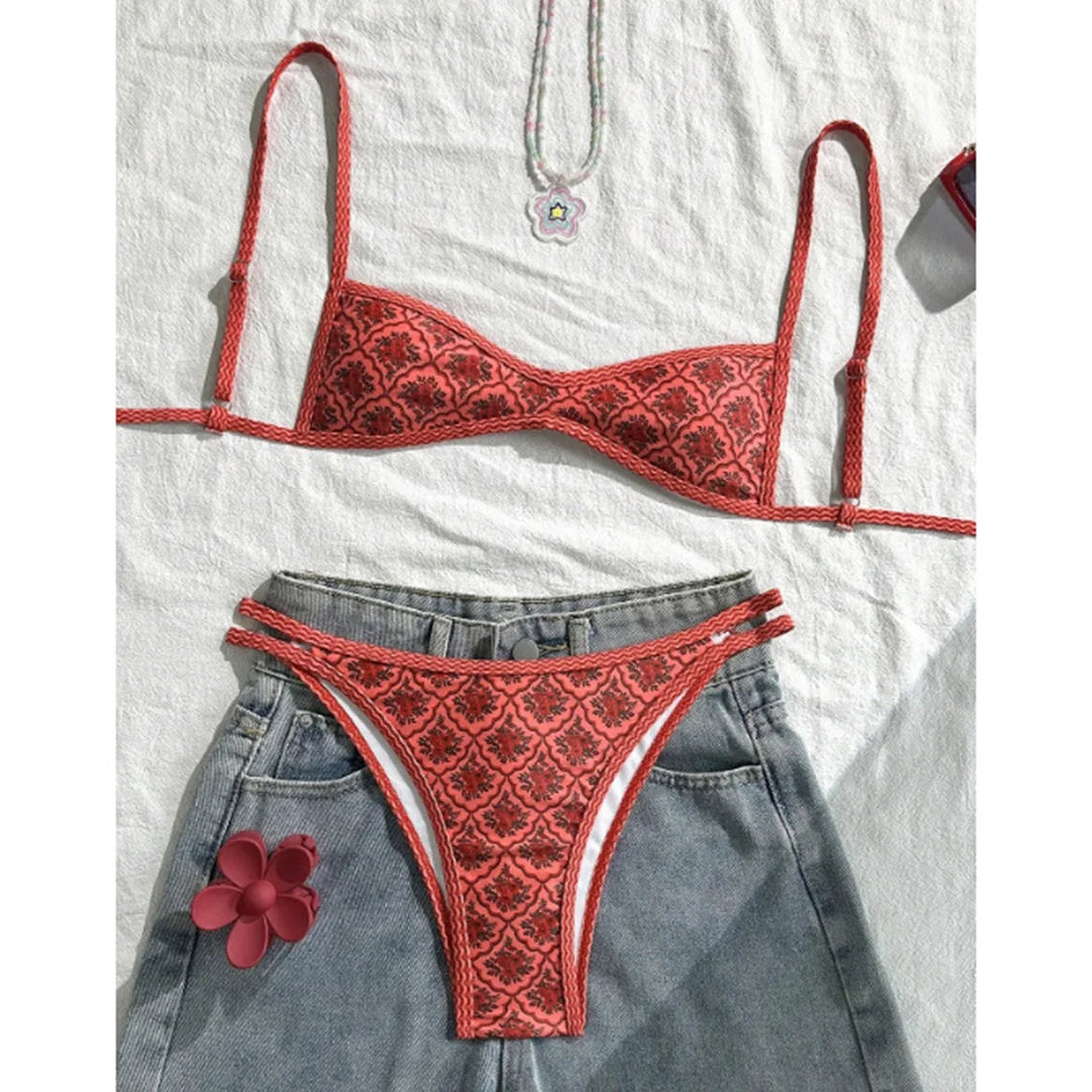 Hurtigtørrende kvindelig bikinisæt – høj benudskæring blomsterprint, polyester, elastan, til svømning