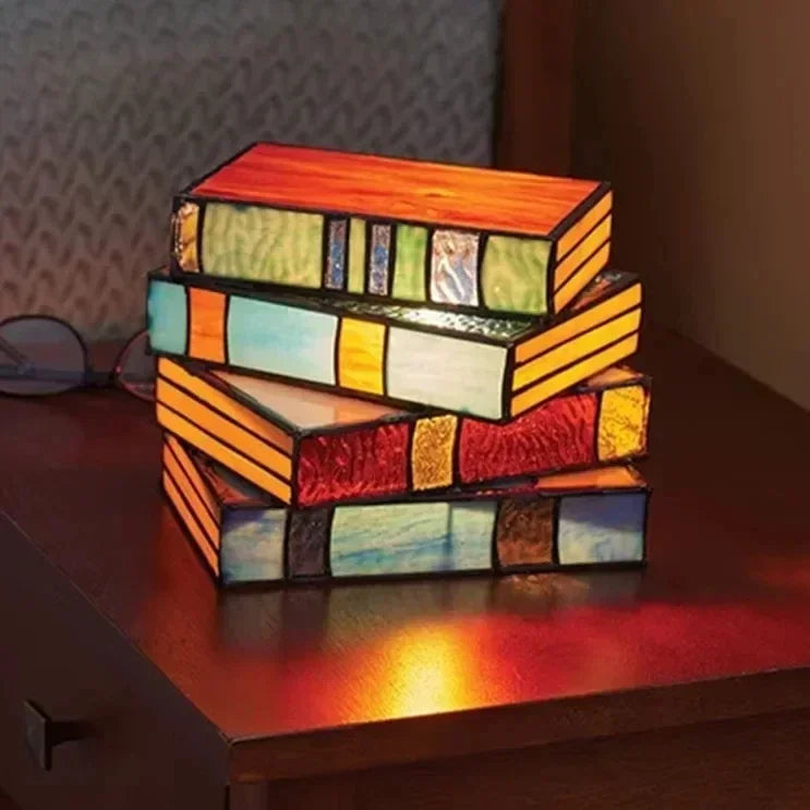 Stacked Books Lamp - Resin Handicraft Stained Glass Table Light for Reading Decor