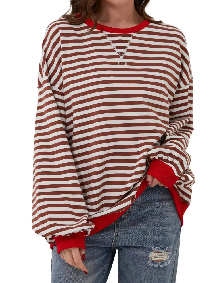 Sudadera extragrande para mujer - Casual de algodón a rayas con corte cuadrado
