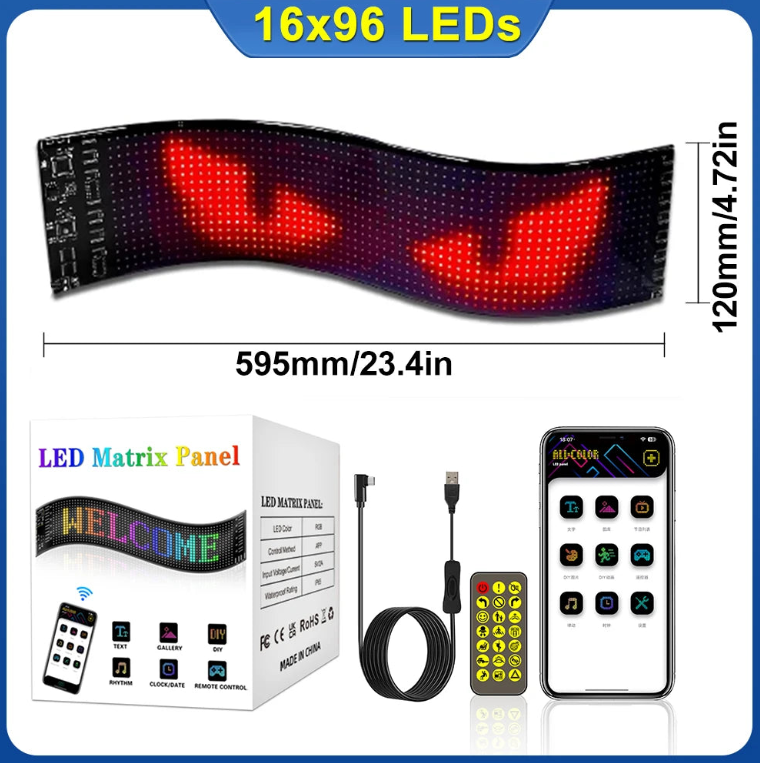 Flexible LED Matrix Screen Car Sign - Programmable Bluetooth Display with APP Remote Control, Ultra-Thin for Store & Bar