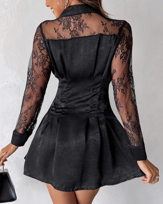 Long-Sleeved Women's Black Dress with Lace Contrast, Flattering Silhouette for Work and Casual Wear-6