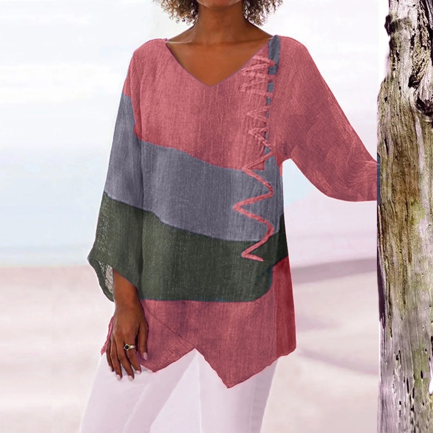 T-Shirt Damen Neue Mode Lässiges V-Ausschnitt Langarm Patchwork Top