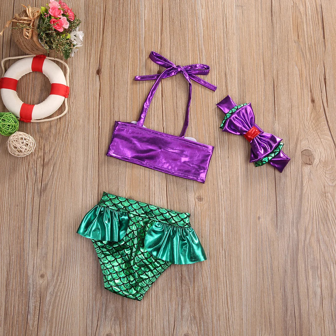Let pigemermaid bikini sæt - snørelukning med 3D sløjfe top, trekants-bund, elastisk pandebånd, polyester, sommerbadetøj