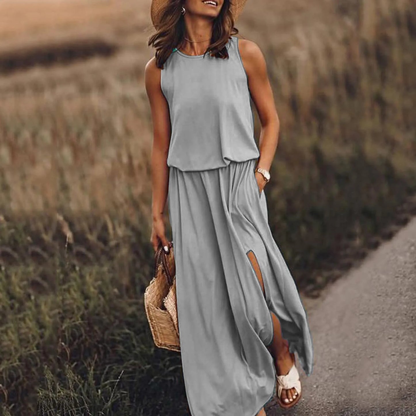 Forår/Sommer Kvinders Trendy Retro Ærmeløs Kjole, Ensfarvet To-Delt Sæt
